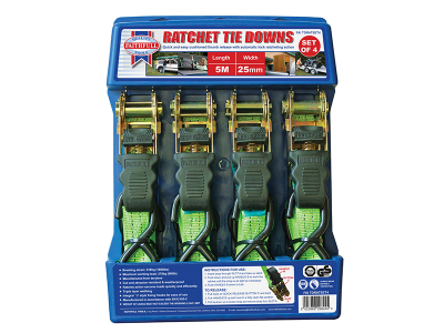Ratchet Tie-Downs 5m x 25mm Green 4 Piece